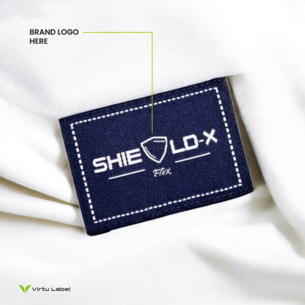 a blue label on a white fabric