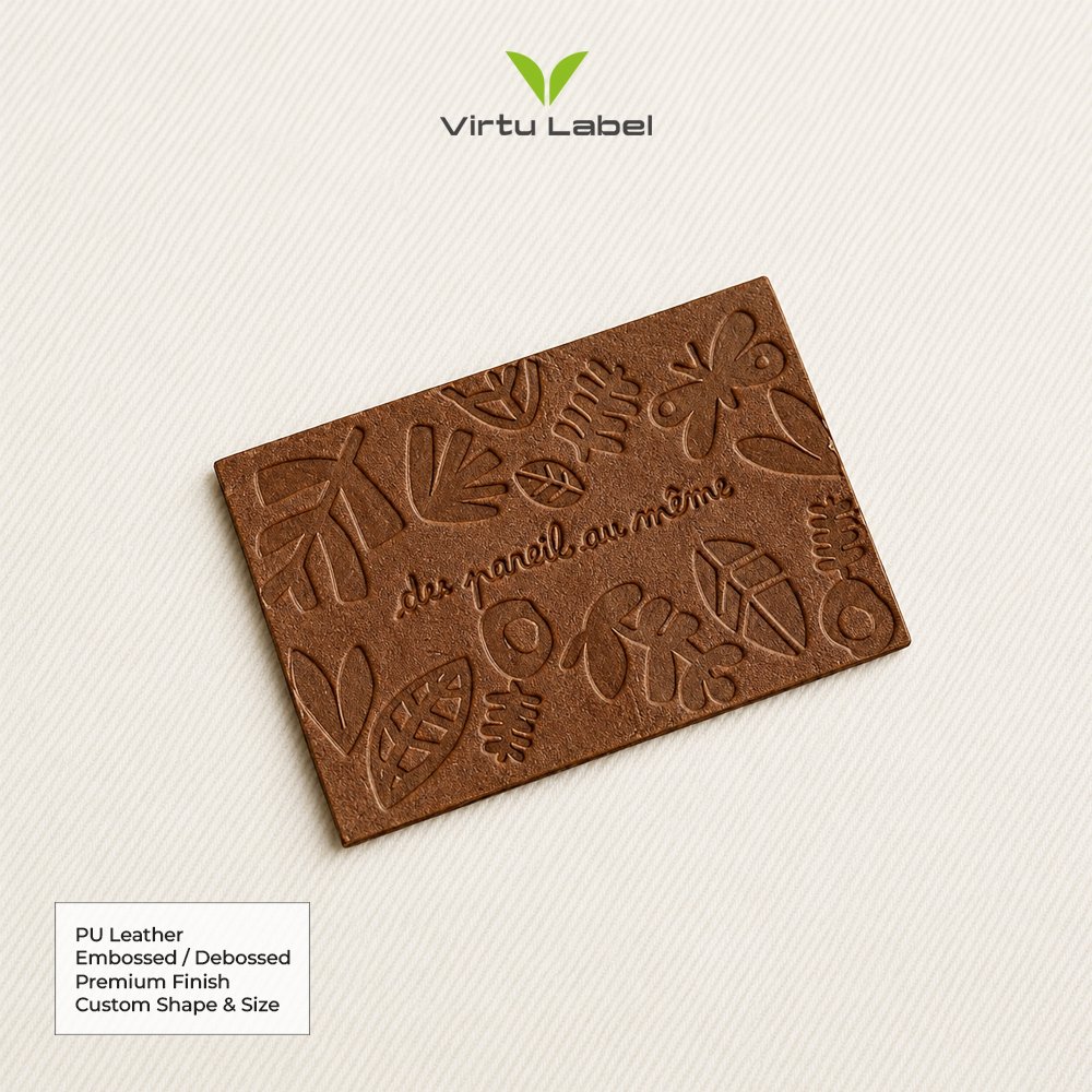 Brown PU leather patch with embossed tropical leaf and botanical design