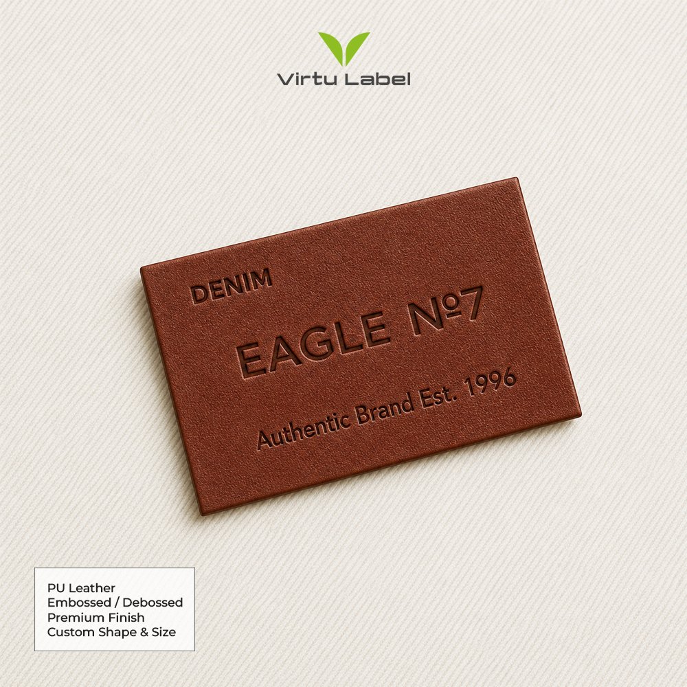 Brown PU leather patch with embossed denim brand logo and custom lettering