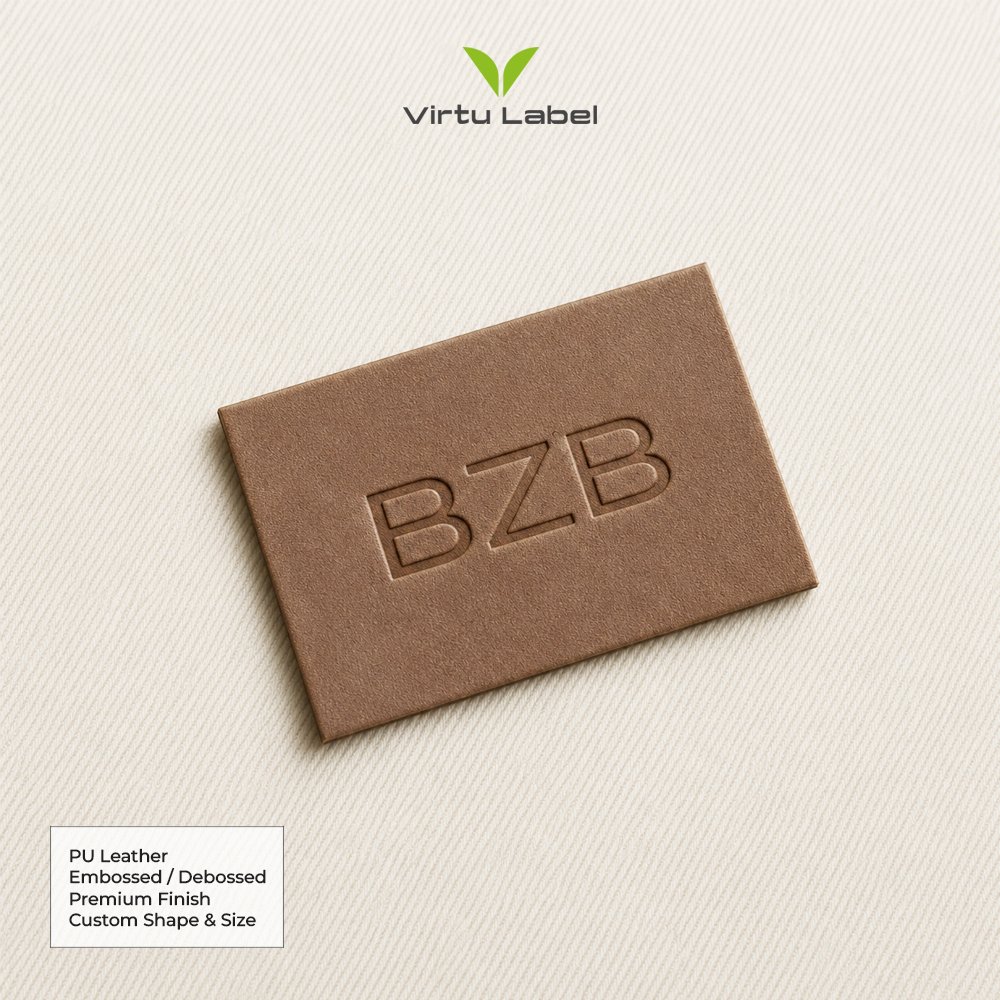 Brown PU leather patch with custom embossed logo and premium finish
