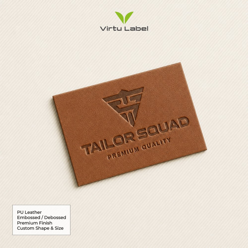 Brown PU leather patch with embossed Tailor Squad logo and premium quality lettering