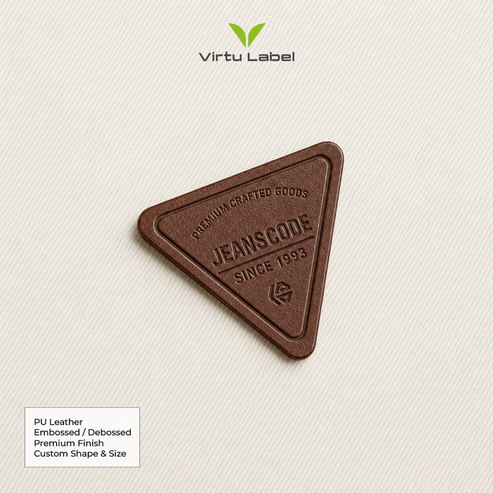 Brown triangular PU leather patch with embossed jeans brand logo and custom lettering