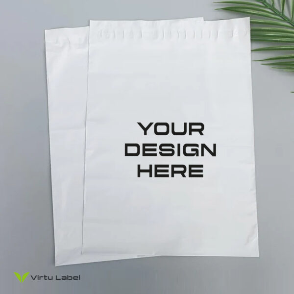 white mailer or courier poly printed on grey serface.