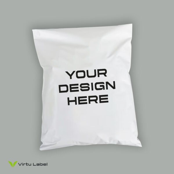 A plain white poly mailer bag with a smooth surface, commonly used for shipping or mailing items. The bag has a clean, minimalist design with a self-sealing adhesive strip at the top for secure closure. Its flexible