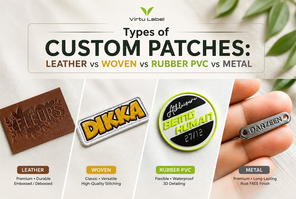 Types of custom patches comparison - leather, woven, rubber PVC and metal patches by Virtu Label