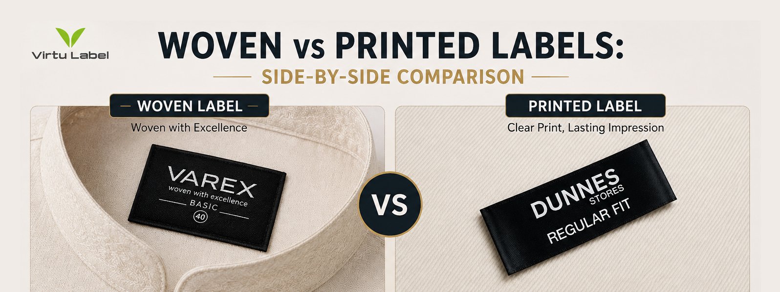 Woven label vs printed label side-by-side comparison by Virtu Label
