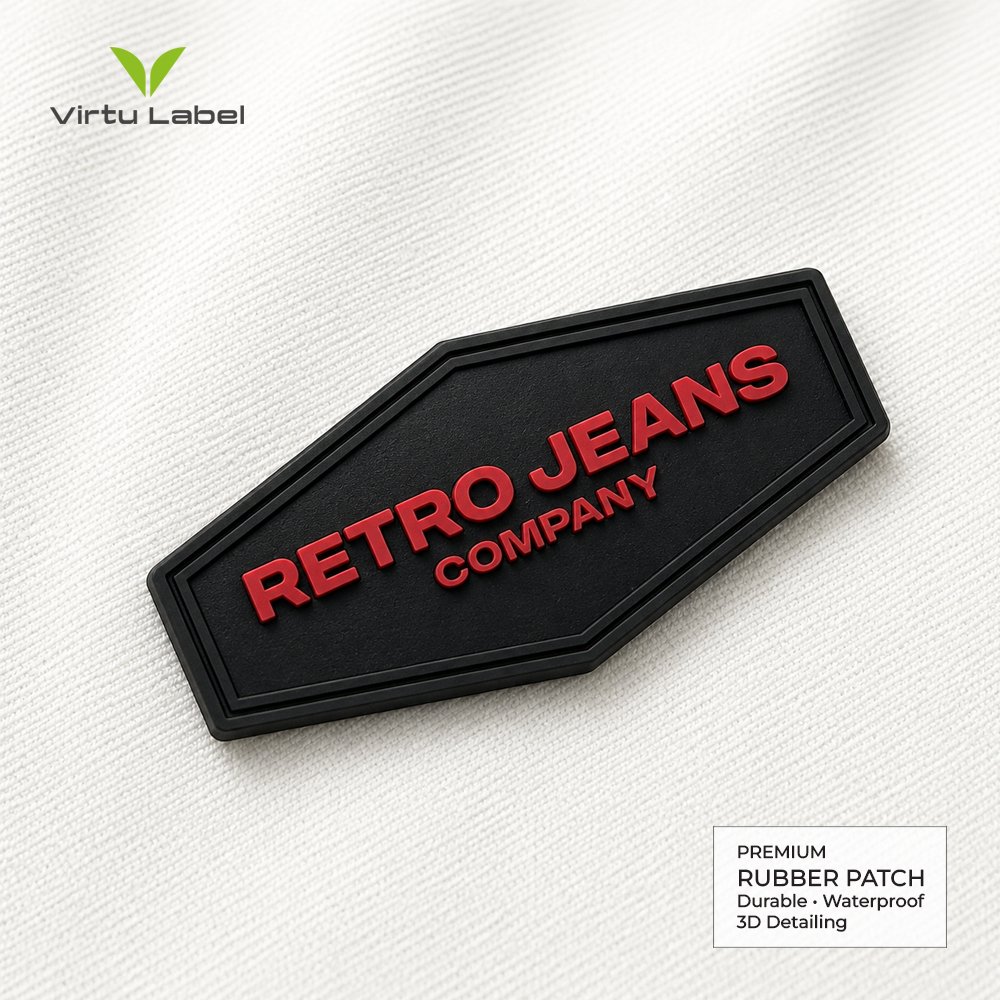 Custom black rubber patch with raised red RETRO JEANS COMPANY lettering