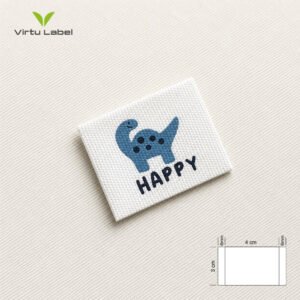 Custom canvas clothing label with blue dinosaur logo and Happy text, 4 x 3 cm