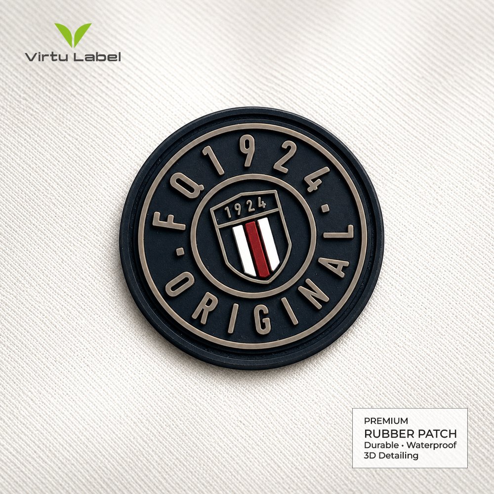 Custom round rubber patch with raised 1924 shield logo and ORIGINAL lettering