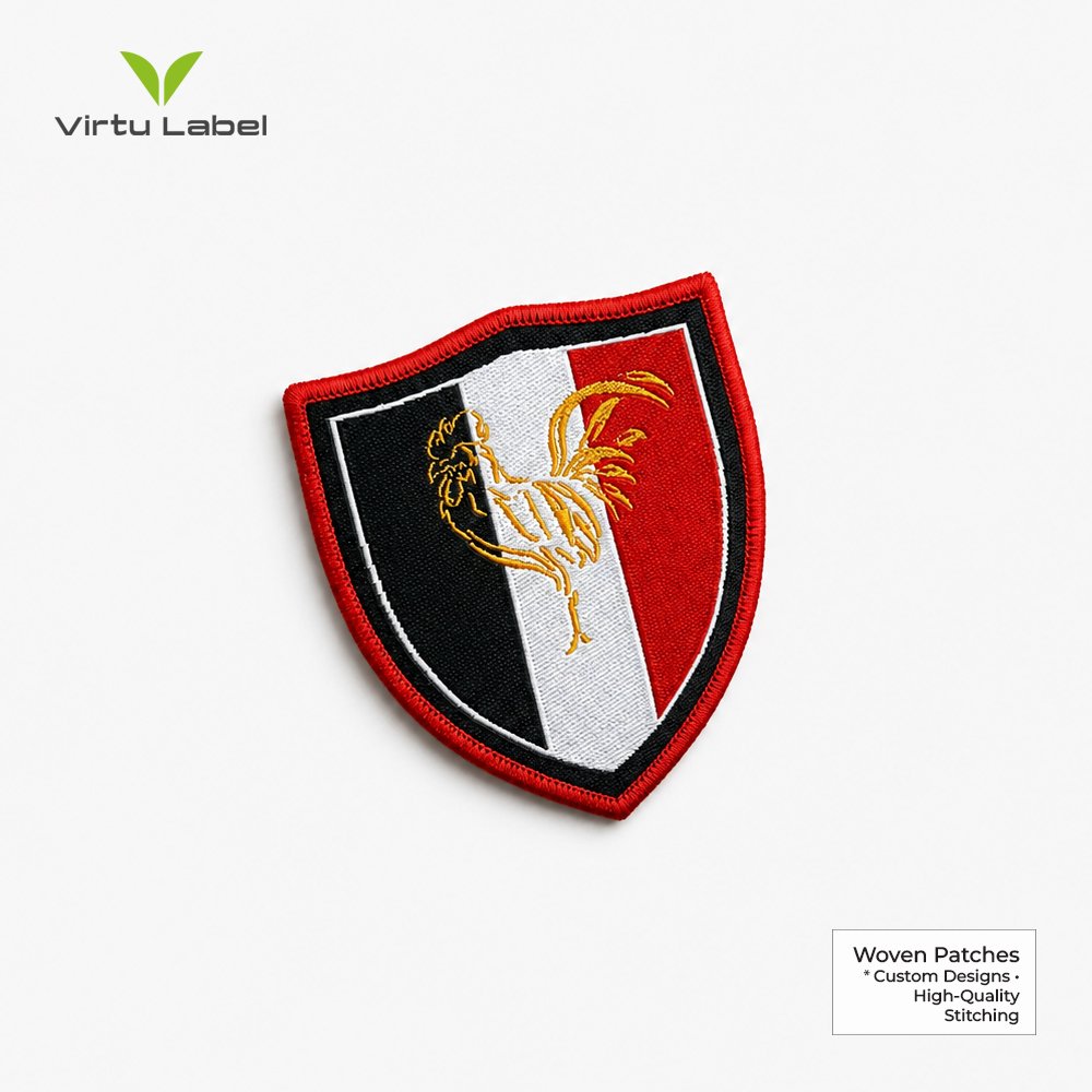 Premium embroidered shield patch with black, white and red design and gold rooster emblem