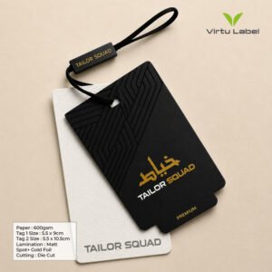 Premium custom clothing hang tags with gold foil, matte lamination, and die cut finish