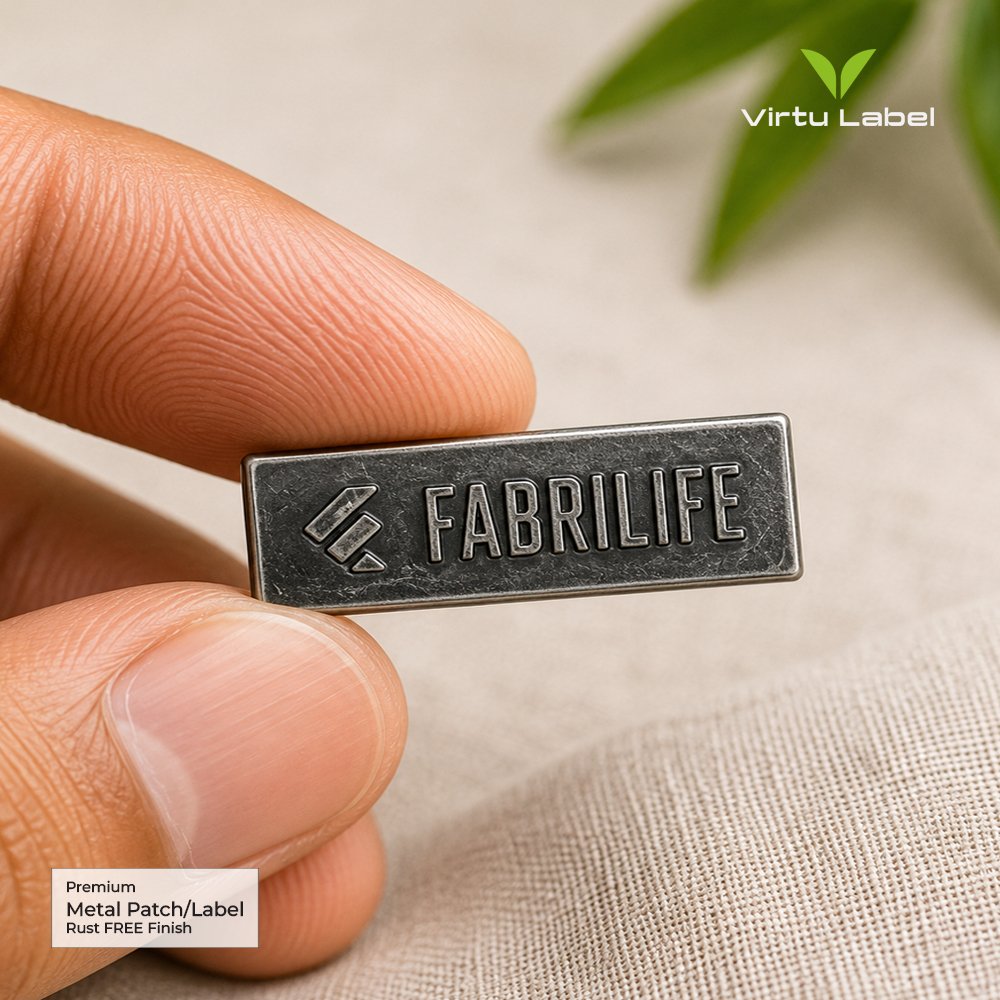 Premium gunmetal FABRILIFE metal label held between fingers with embossed lettering