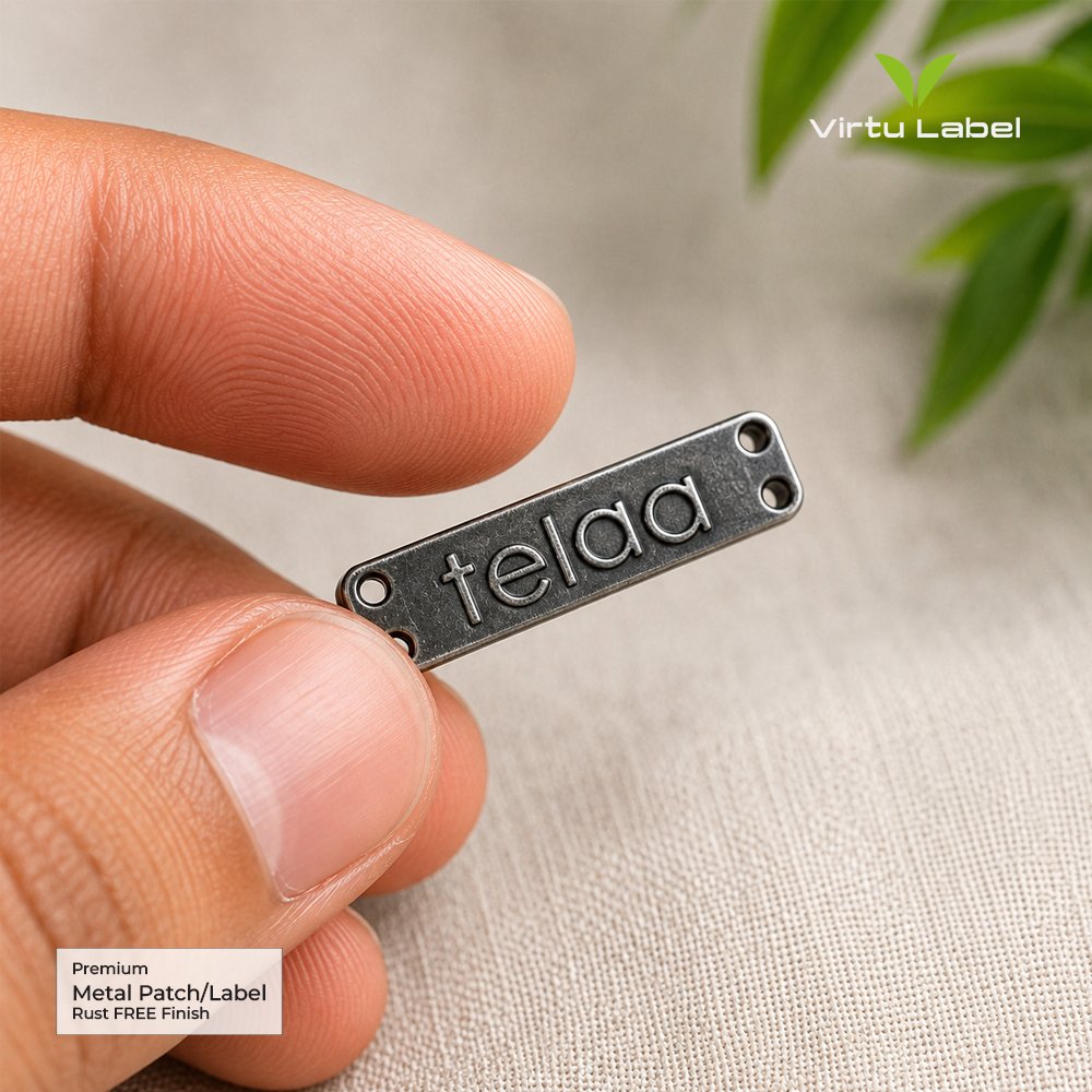 Premium gunmetal metal label with embossed Telad lettering held between fingers