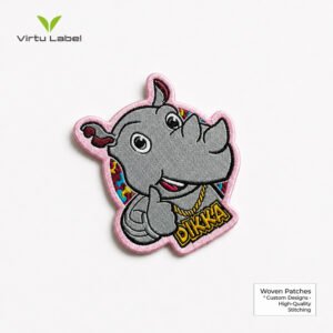 Premium embroidered rhinoceros patch with pink border, colorful details, and gold chain