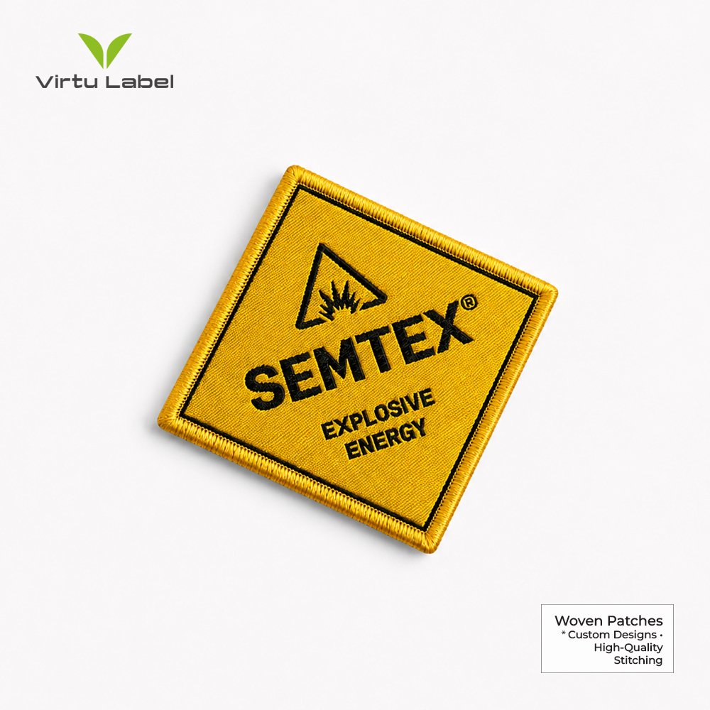 Premium yellow embroidered Semtex patch with black explosive energy design