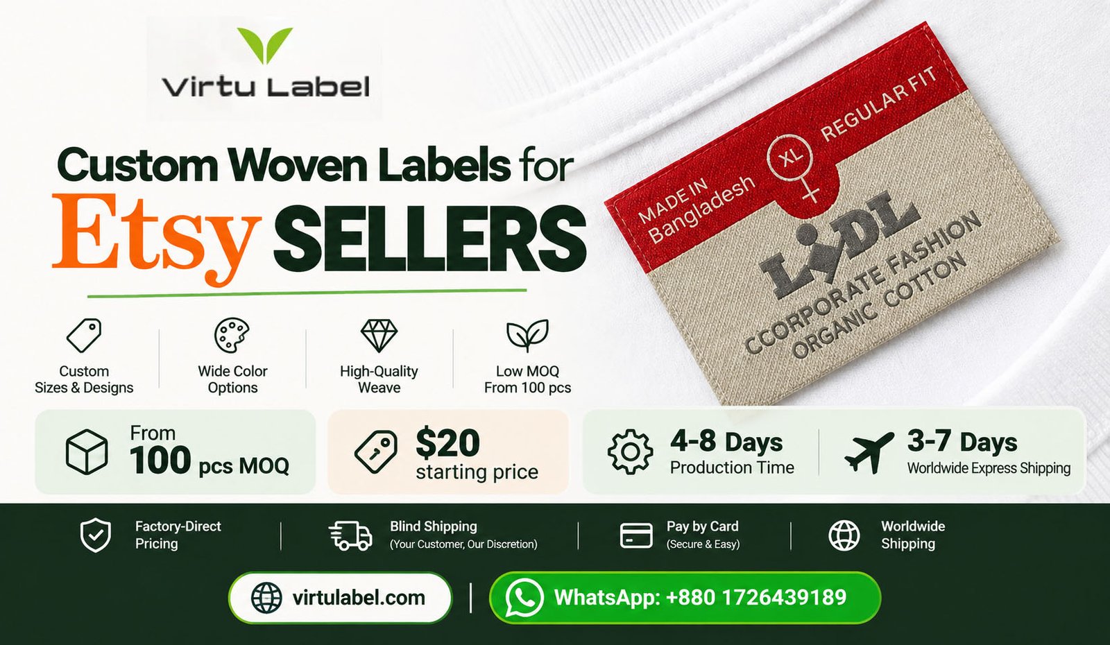 Custom woven labels for Etsy sellers by Virtu Label, featuring low MOQ, fast production, and worldwide express shipping.