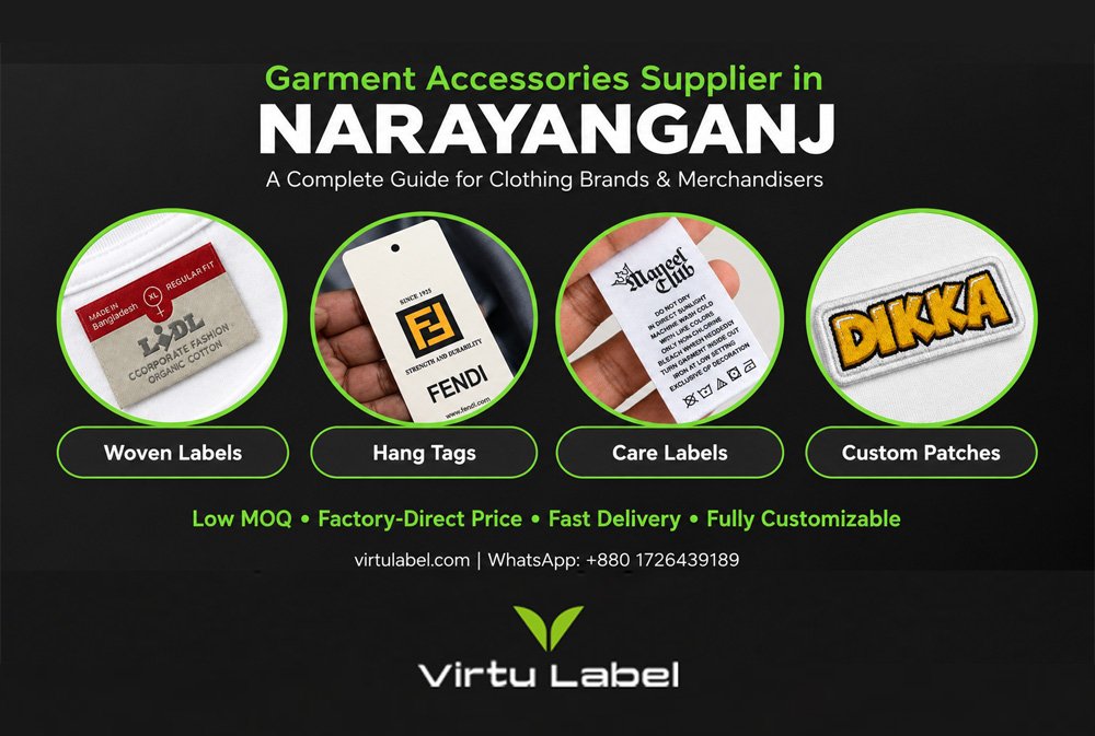 Garment accessories supplier in Narayanganj Bangladesh - woven labels, hang tags, care labels and patches by Virtu Label