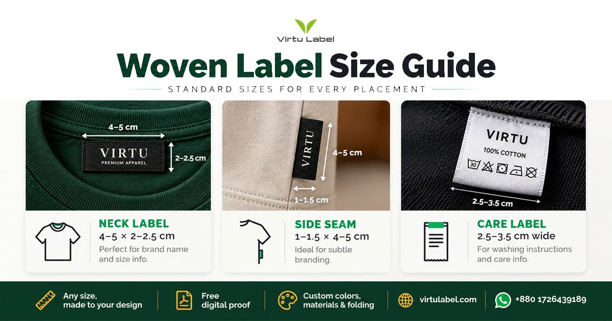Woven label size guide — standard neck and main label dimensions for clothing brands