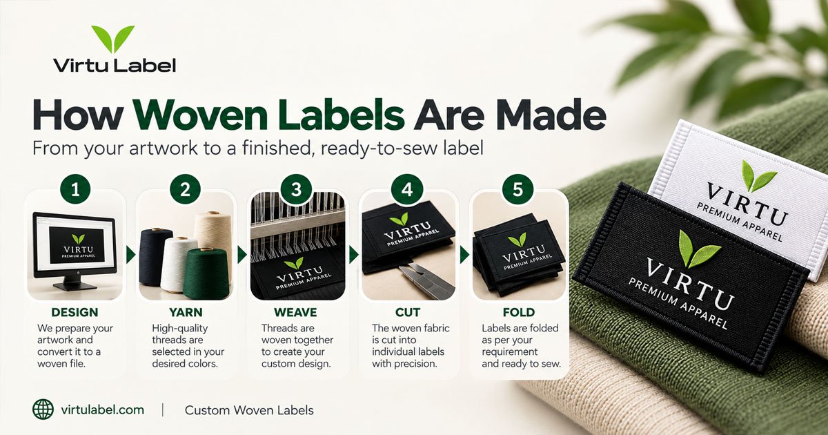 How woven labels are made — threads being woven into a clothing label on a loom